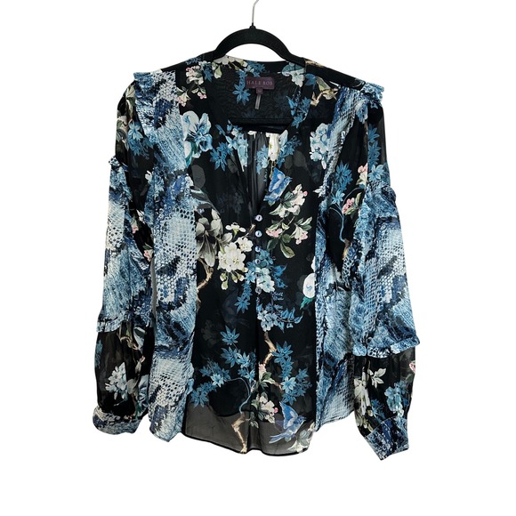 Hale Bob Tops - Hale Bob Silk Blouse Top Size M Black Blue Floral Snakeskin‎ Beaded V-Neck Boho